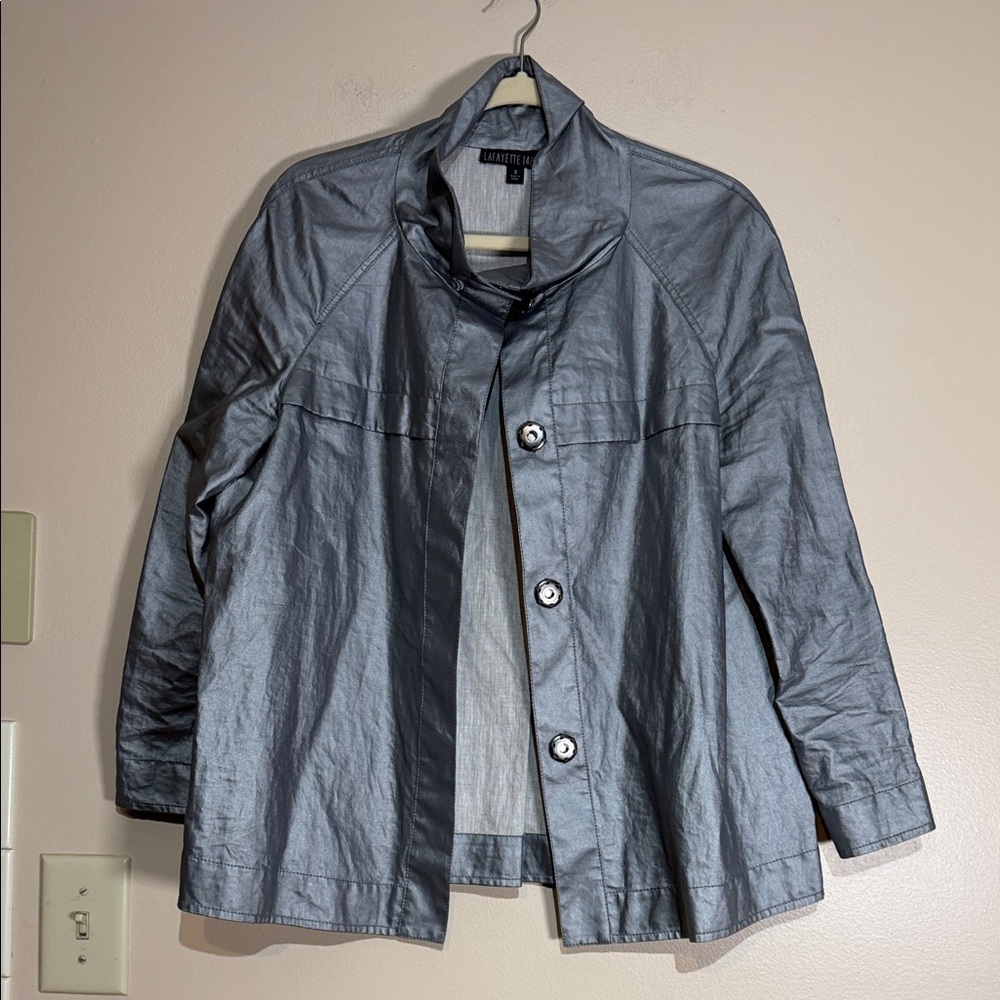 Lafayette 148 New York Metallic Silver Button-Front Trench Jacket